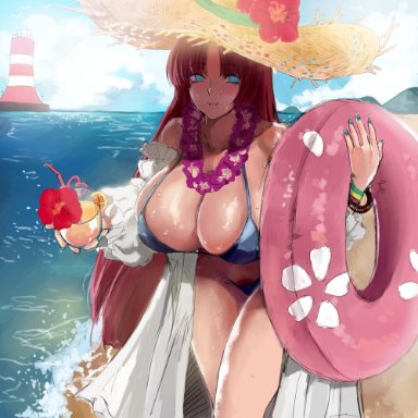 big breasts, bikini, blush, drink, hong meiling, huge breasts, pool ring, pool toy, red hair, solo, solo female, sunhat, sweat, touhou