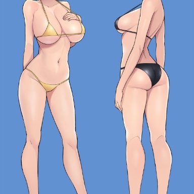 2girls, arched back, arm behind back, ass, bangs, bare shoulders, bikini bikini, black footwear, black hair, black swimsuit, blue background, blunt bangs, blush, breasts, clavicle