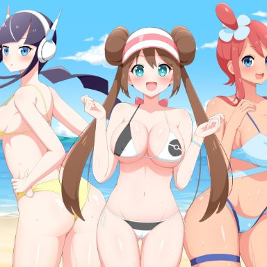 3girls, abs, ass, beach, big breasts, bikini, blue bikini, blue eyes, blue hair, blush, breasts, brown hair, double bun, eye contact, female