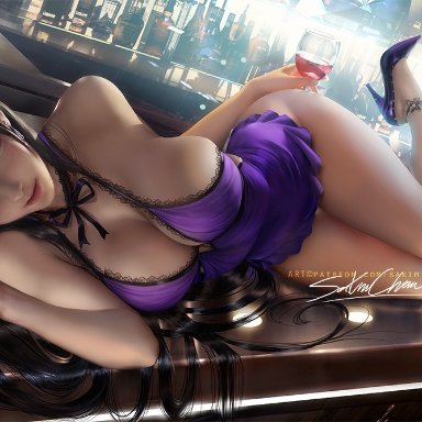 1girls, big breasts, black hair, breasts, brown eyes, cleavage, drink, female, female only, final fantasy, final fantasy vii, final fantasy vii remake, high heels, large breasts, long hair