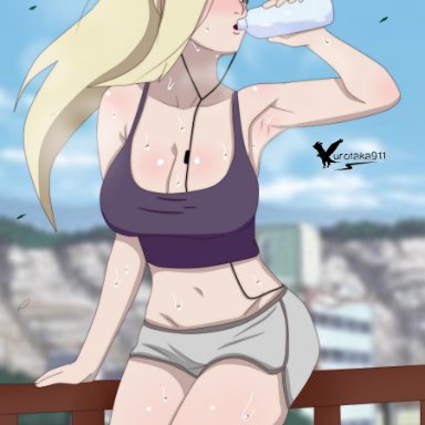 1girls, after workout, agung911, armpit, big breasts, blonde hair, blue eyes, blush, boruto: naruto next generations, breasts, cleavage, drinking, female, female only, headphones