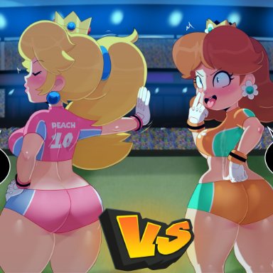 2girls, alternate costume, arena, ass, back view, big breasts, blonde hair, blue eyes, booty shorts, bottom heavy, brown hair, bubble butt, competition, competition swimsuit, crown