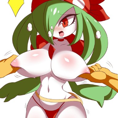 1boy, 1girls, abs, anthro, anthrofied, areolae, big breasts, blush, breast squeeze, gardevoir, green hair, green skin, high resolution, huge breasts, huge thighs