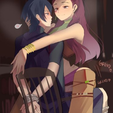 bondage, byleth (fire emblem), byleth (fire emblem) (male), byleth (male), chair, chocojax, femdom, fire emblem, fire emblem: three houses, gentle femdom, grin, grinding, heart, lapdance, long hair