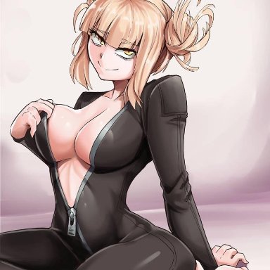 abs, bangs, barefoot, big breasts, blonde hair, bodysuit, cleavage, costume, eyebrows visible through hair, himiko toga, my hero academia, nico-mo, on knees, shiny skin, short hair