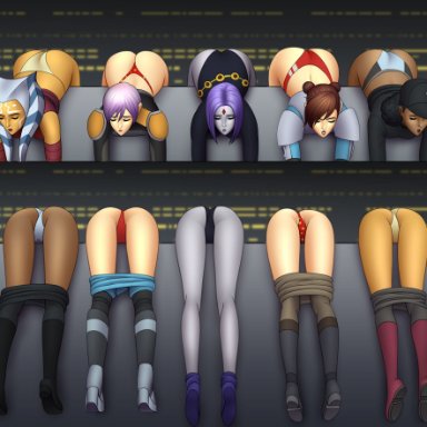 5girls, ahsoka tano, ass, bob cut, brown hair, ciena ree, dc, dc comics, defeat, defeated, long hair, mind break, neonatos64, panties, pink hair