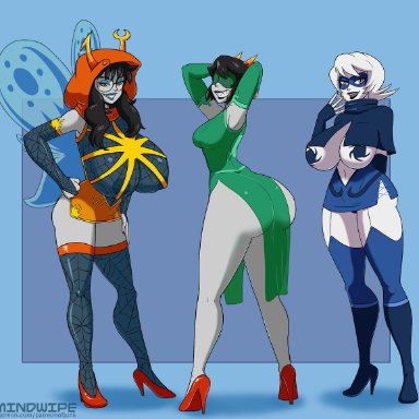 3girls, areola, bimbo, heels, homestuck, horns, huge ass, huge breasts, mask, mindwipe, pasties, pointy teeth, revealing clothes, roxy lalonde, smut-tier