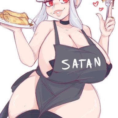 1girls, big breasts, black thighhighs, demon, demon girl, demon horns, demon tail, female, helltaker, huge breasts, huge thighs, large breasts, lips, long hair, lucifer (helltaker)