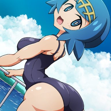 1girls, aged up, alternate ass size, alternate breast size, ass, blue eyes, blue hair, blue sky, blush, breasts, cloud, cowboy shot, day, dutch angle, female