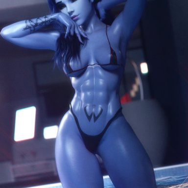 1girls, 3d, abs, bikini, blender, blue skin, joelgraphz, looking at viewer, noahgraphicz, overwatch, tattoo, wet, widowmaker