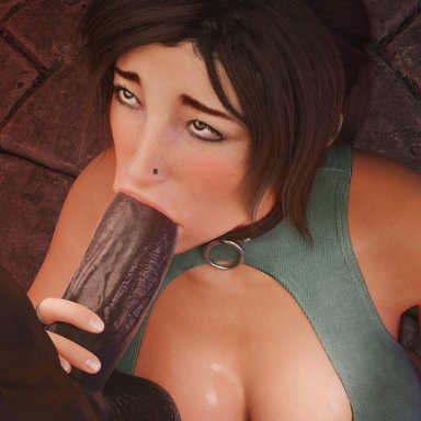 Bifrost, black choker, blowjob, cleavage, huge breasts, huge cock, huge testicles, interracial, lara croft, looking up, nose piercing, piercing, submissive female, tomb raider