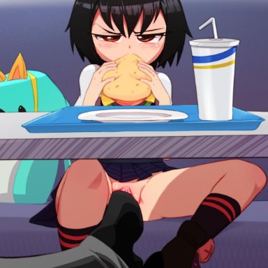 ahoge, bangs, black hair, burger, clothed, clothed female, clothes, clothing, clothing lift, detailed background, eating, female, female focus, food, footjob