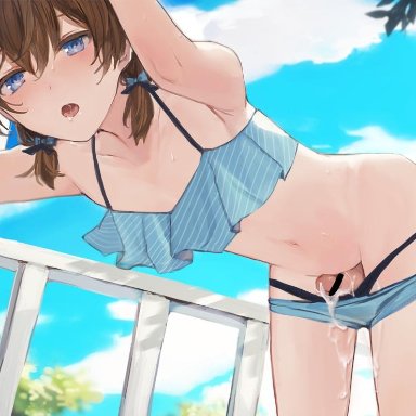 all male, bikini, blue eyes, brown hair, censored, clouds, cropped, cum, femboy, male, navel, original, panty pull, penis, short hair