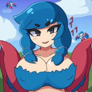 1boy, 1girl, animated, avian, background characters, black eyes, blue feathers, blue hair, blush, breast squeeze, breasts, cleavage, clouds, cum, cum on breasts