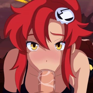 1boy, 1girls, animated, blowjob, color, colored, fellatio, female, first person view, looking at viewer, oral, red hair, snugbyte, tengen toppa gurren lagann, yellow eyes