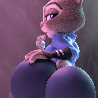 1girls, anthro, ass, big ass, bunny ears, bunny girl, butt crack, clothed, disney, fat ass, gray fur, judy hopps, licking finger, looking at viewer, looking back