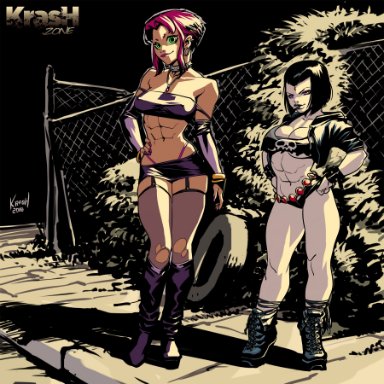 2girls, abs, big breasts, bimbo, black hair, bob cut, boots, breasts, busty, cigarette, cleavage, crop top, cropped jacket, dc, dc comics