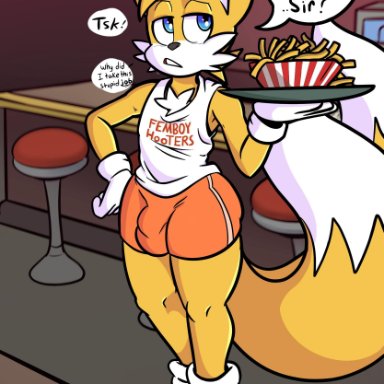 2020, ass, blue eyes, bottomwear, bulge, canid, canine, clothed, clothing, femboy hooters, food, fox, fries, fur, girly