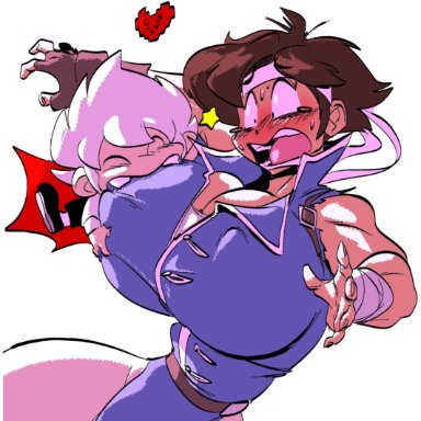 arm wraps, biting breast, blush, breast grab, breast grope, breast sucking, breasts, brown hair, cape, castlevania, castlevania: rondo of blood, chibi, cleavage, clothed, cute