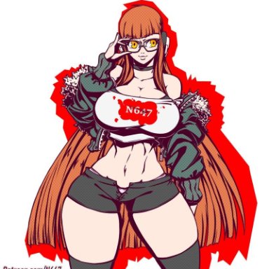 artist name, hourglass figure, huge breasts, midriff, midriff baring shirt, n647, orange hair, persona, persona 5, sakura futaba, shadow (persona)