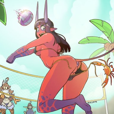 1futa, anus, ass, balls, beach, bikini, breasts, crab, demon girl, dickgirl, futanari, horns, looking back, mesara, open mouth