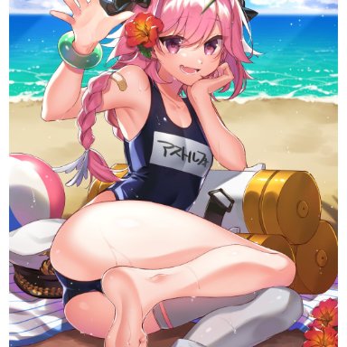 1boy, 2020, absurd res, armpits, ass, astolfo (fate), bandaid, bangs, bare shoulders, barefoot, beach, black bow, blue swimsuit, blush, bow