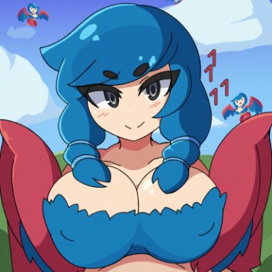 1boy, 1girl, animated, avian, background characters, black eyes, blue feathers, blue hair, blush, breast squeeze, breasts, cleavage, clouds, female, female focus