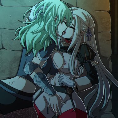 breasts outside, byleth (female), byleth (fire emblem), edelgard (fire emblem), edelgard von hresvelgr (fire emblem), fingering, fire emblem, fire emblem heroes, fire emblem: three houses, french kiss, kinkymation, kiss, kissing, tagme, yuri