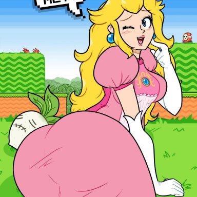 1girls, ass, big ass, blonde hair, blue eyes, bubble butt, female, female only, huge ass, mario (series), nintendo, princess peach, shy guy, solo, solo focus