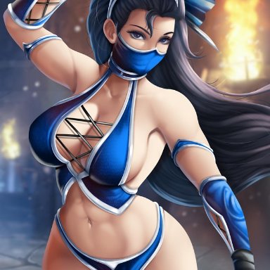 1girl, 1girls, big breasts, black eyes, black hair, cleavage, female, female only, flowerxl, kitana, mortal kombat, navel, solo, solo female, solo focus