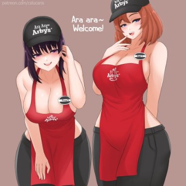 2020, 2girls, apron, ara ara, arby's, artist name, bare shoulders, black pants, blue eyes, brand name imitation, breasts, brown hair, cleavage, clothing, cslucaris