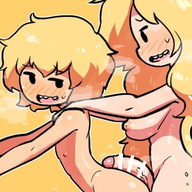 1boy, 1futa, adventure time, big penis, censored, crap-man, dickgirl, erection, finn the human, fionna the human girl, futa on male, futanari, hot dogging, penis