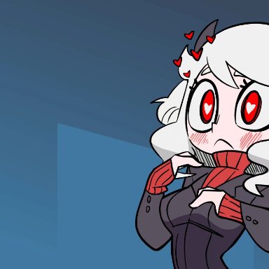 1male, animated, blush, bodily fluids, cute fang, demon, demon girl, diives, erect nipples, erect nipples under clothes, getting erect, heart, heart-shaped pupils, helltaker, humanoid