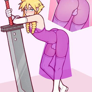 bikini, blush, blushing, bulge, cloud strife, crossdressing, dross, femboy, final fantasy vii, girly, see-through clothing, thong, trap