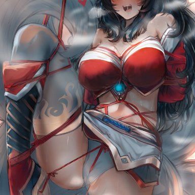 ahri, animal ears, arms behind back, bare shoulders, black hair, blush, bondage, bound, breasts, breath, cameltoe, ehrrr, eyebrows visible through hair, facial mark, fox ears