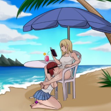 1futa, 1girl, arms behind back, beach, blindfold, bondage, book, casual sex, chair, cum, cum in mouth, cum inside, deepthroat, drink, fellatio