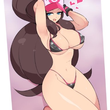 1girls, abs, armpits, big breasts, bikini, black thong, blue eyes, eye contact, female, hat, hilda (pokemon), human, long hair, looking at viewer, micro bikini