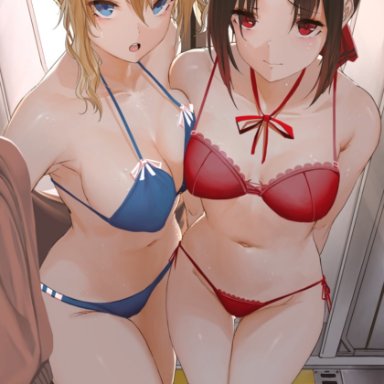 :o, 2girls, armpits, arms behind back, asymmetrical hair, backlighting, bag, bangs, bare arms, bare shoulders, black hair, black legwear, blonde hair, blue bra, blue eyes