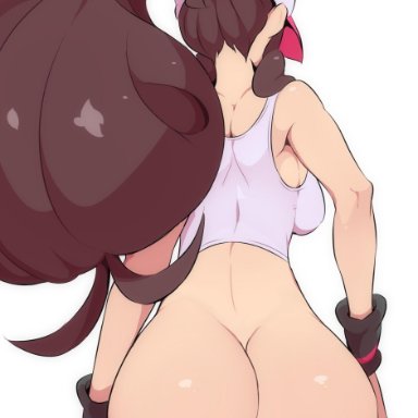 1girls, aged up, ahoge, alternate breast size, ass, ass focus, brown hair, creatures inc., curvy figure, cutoffs, female, from behind, game freak, hand on hip, hat