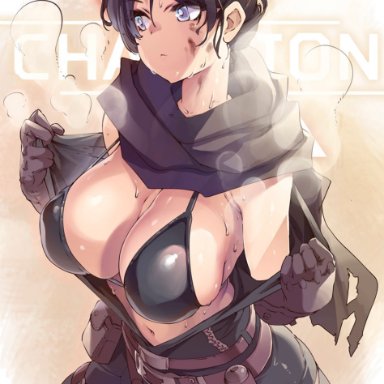 1girls, apex legends, belt, belt pouch, bikini, bikini under clothes, black hair, black scarf, bodysuit, breasts, cleavage, dirty, dirty face, female, hair bun