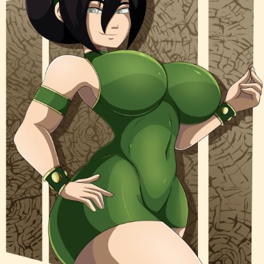 avatar the last airbender, big breasts, black hair, blind eye, blue eyes, female, female only, hair bun, long hair, solo, solo female, solo focus, sonson-sensei, toph bei fong