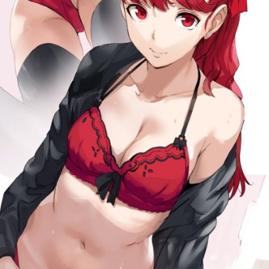 above view, ass, below view, black ribbon, bow, bowties, hews, hews hack, jacket, kasumi yoshizawa, panties, persona 5, persona 5 royal, ponytail, red bra