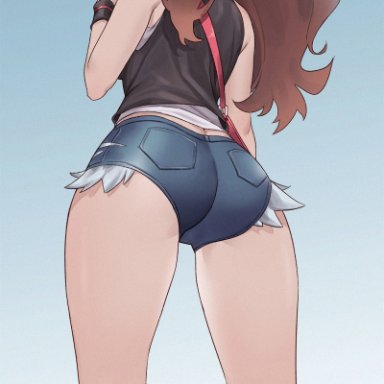 1girls, back, bare shoulders, black vest, blue eyes, brown hair, cheshirrr, covered mouth, denim, denim shorts, female, from below, hat, high resolution, hilda (pokemon)