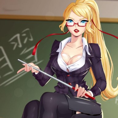 Anteojos, blackboard, blue eyes, bodysuit, Fapceo, female teacher, flashing, Juego, large breasts, plunging neckline, ponytail, Sra. Rider, yellow hair