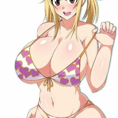 artist request, bikini, blonde hair, breasts, breasts bigger than head, cleavage, fairy tail, female, huge breasts, large breasts, long hair, lucy heartfilia, smile, source request, swimsuit