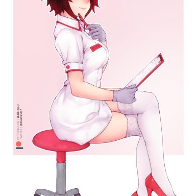 1girls, ass, black hair, bluefield, blush, breasts, chair, clipboard, closed mouth, crossed legs, female, female only, female solo, full body, full color