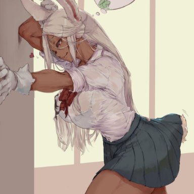 0boys, 1girls, animal ears, bunny ears, bunny tail, carrot, cutesexyrobutts, dark skin, dark-skinned female, edit, female, hungry, miruko, muscular, my hero academia