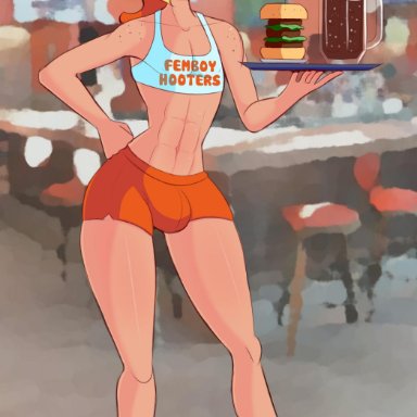 1boy, abs, androgynous, blonde hair, blue eyes, bulge, crop top, crossdressing, femboy, femboy hooters, food, freckles, happy, high heels, link