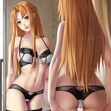 1girls, ass, asuna (sao), bangs, bare shoulders, blush, bow, bra, braid, breasts, brown, brown eyes, butt crack, cameltoe, cleavage