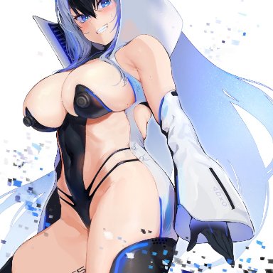 1girls, bangs, bare shoulders, black gloves, black hair, black legwear, blue eyes, blush, body writing, breasts, cleavage, covered navel, detached sleeves, female, gloves